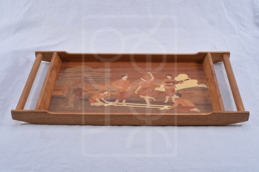 人物纹拼花木托盘
